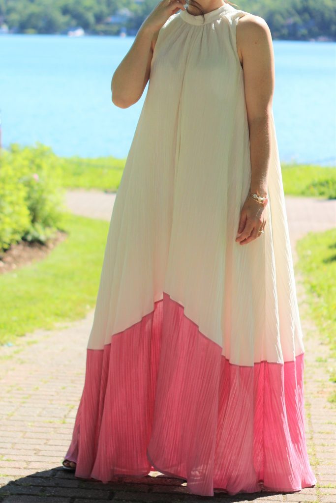 pink and white pleated dress