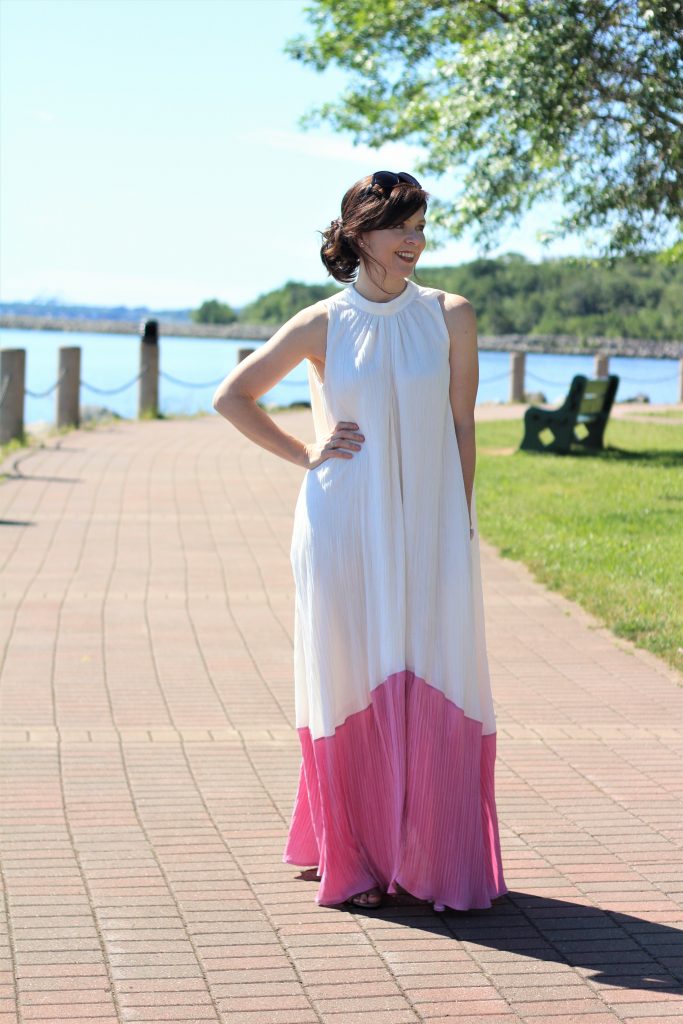 Pink and white pleated dress