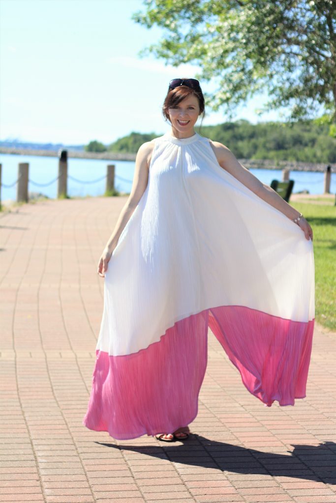 pink and white pleated dress