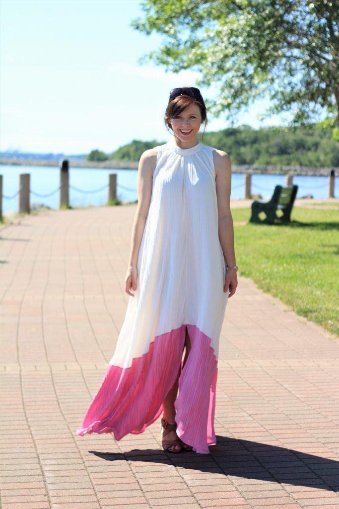 pink and white pleated dress