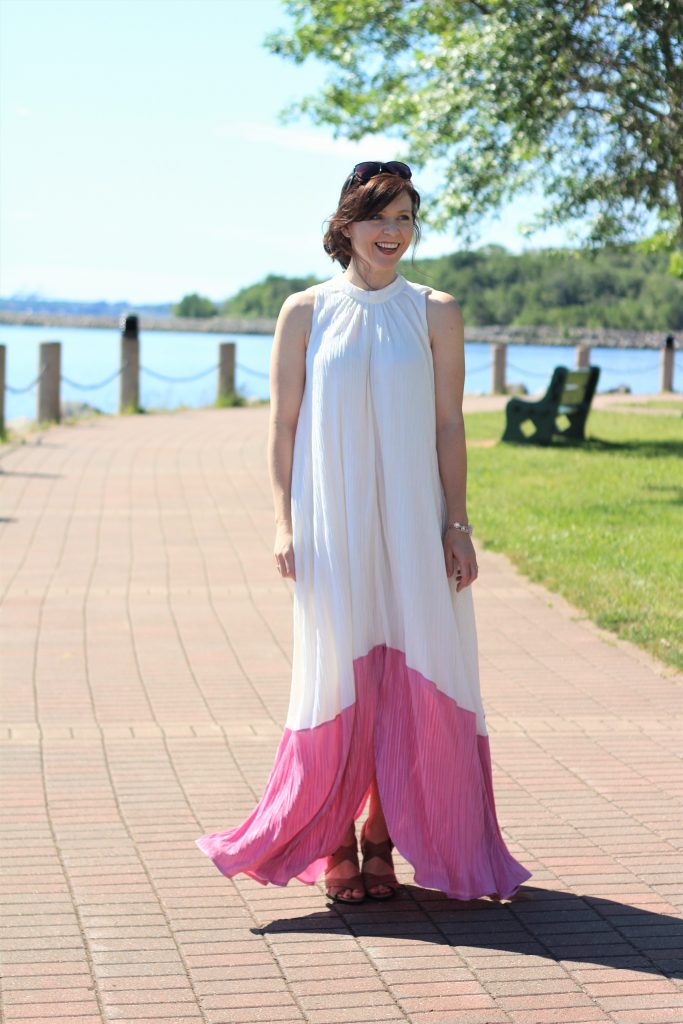 pink and white pleated dress