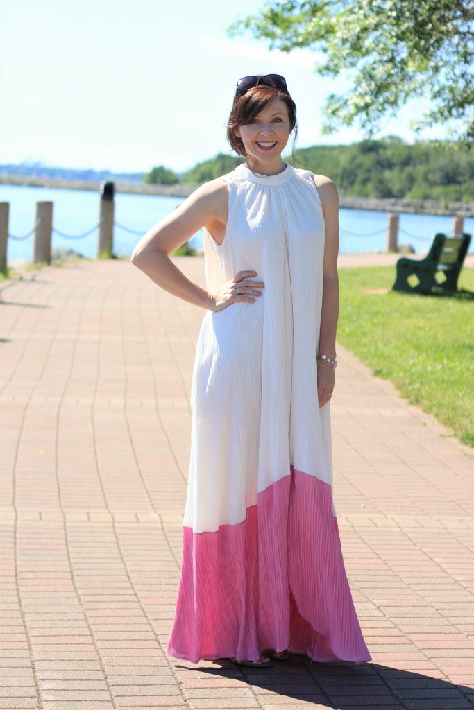 pink and white pleated dress