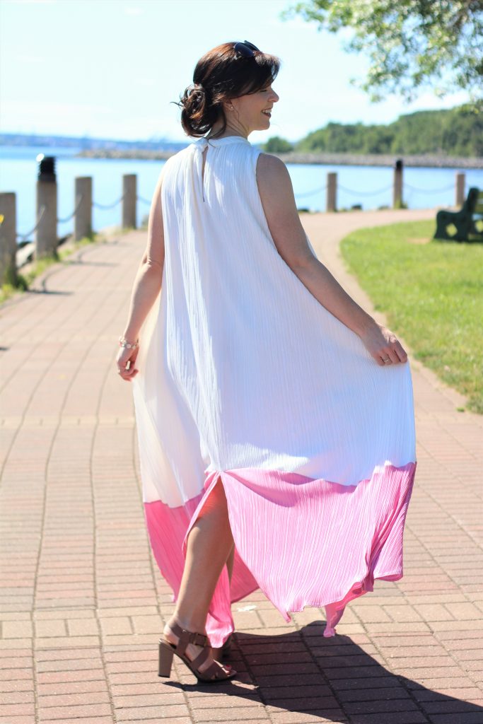 pink and white pleated dress