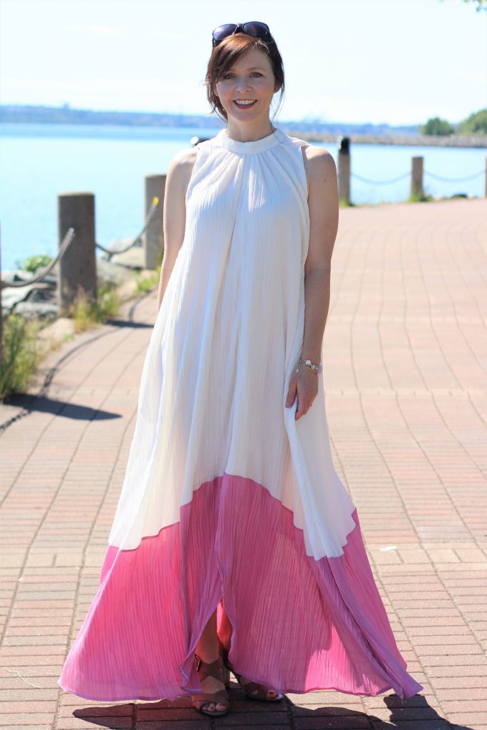 pink and white pleated dress