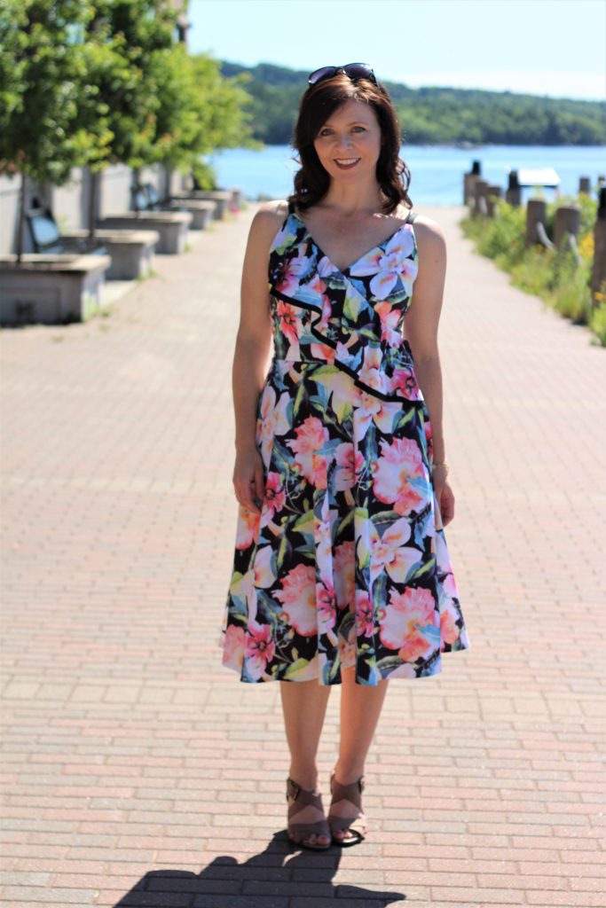 floral black trimmed dress