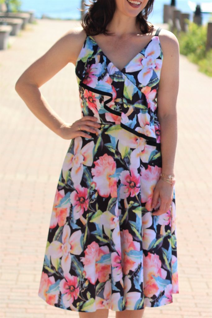 floral black trimmed dress