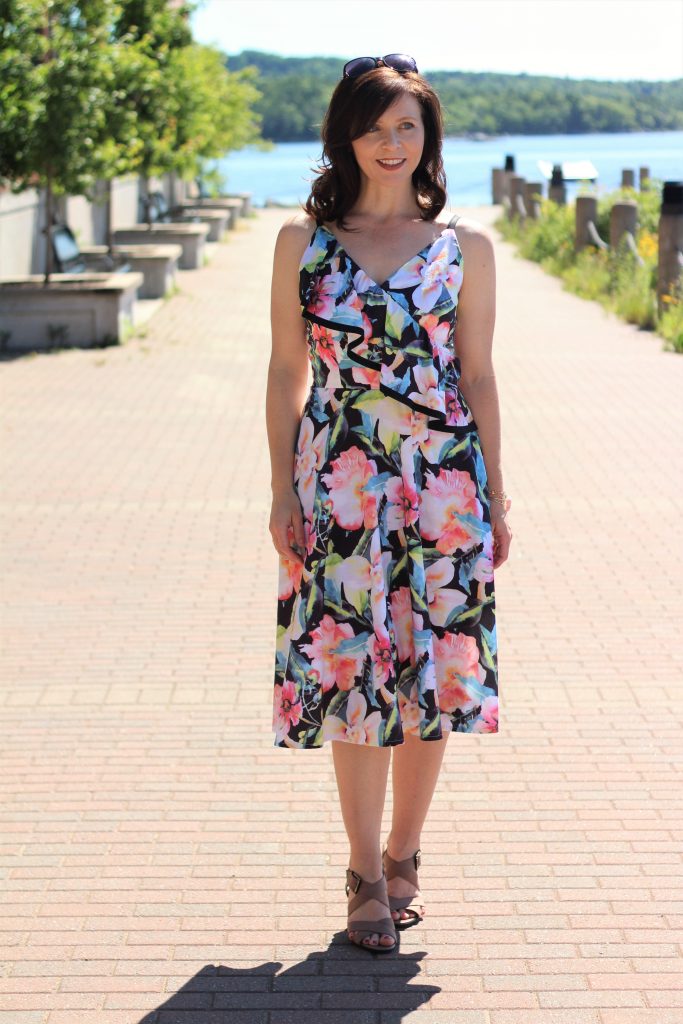 floral black trimmed dress