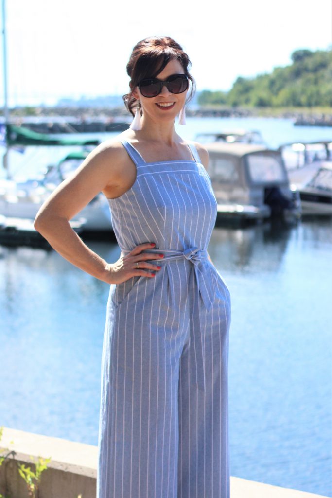 blue striped jumpsuit