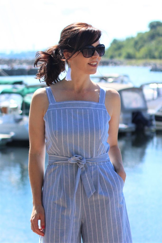 blue striped jumpsuit