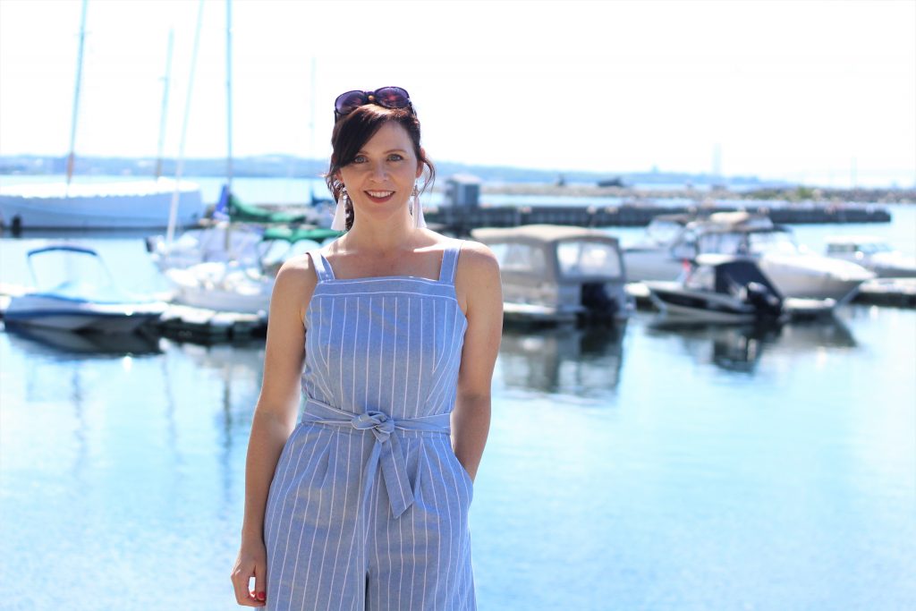 blue striped jumpsuit