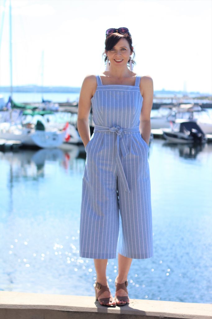 blue striped jumpsuit