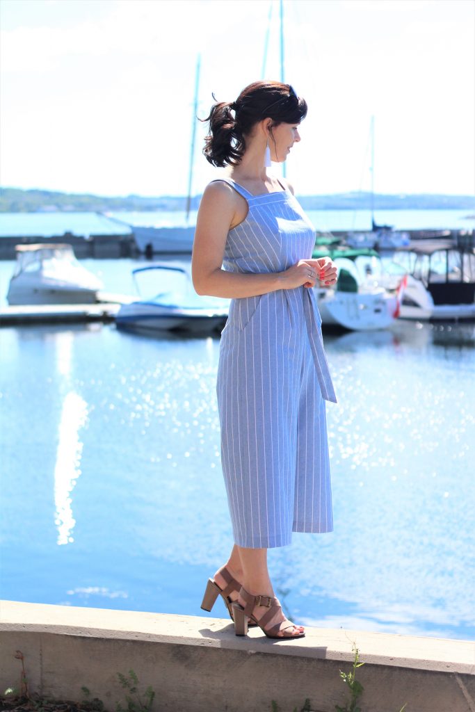 blue striped jumpsuit